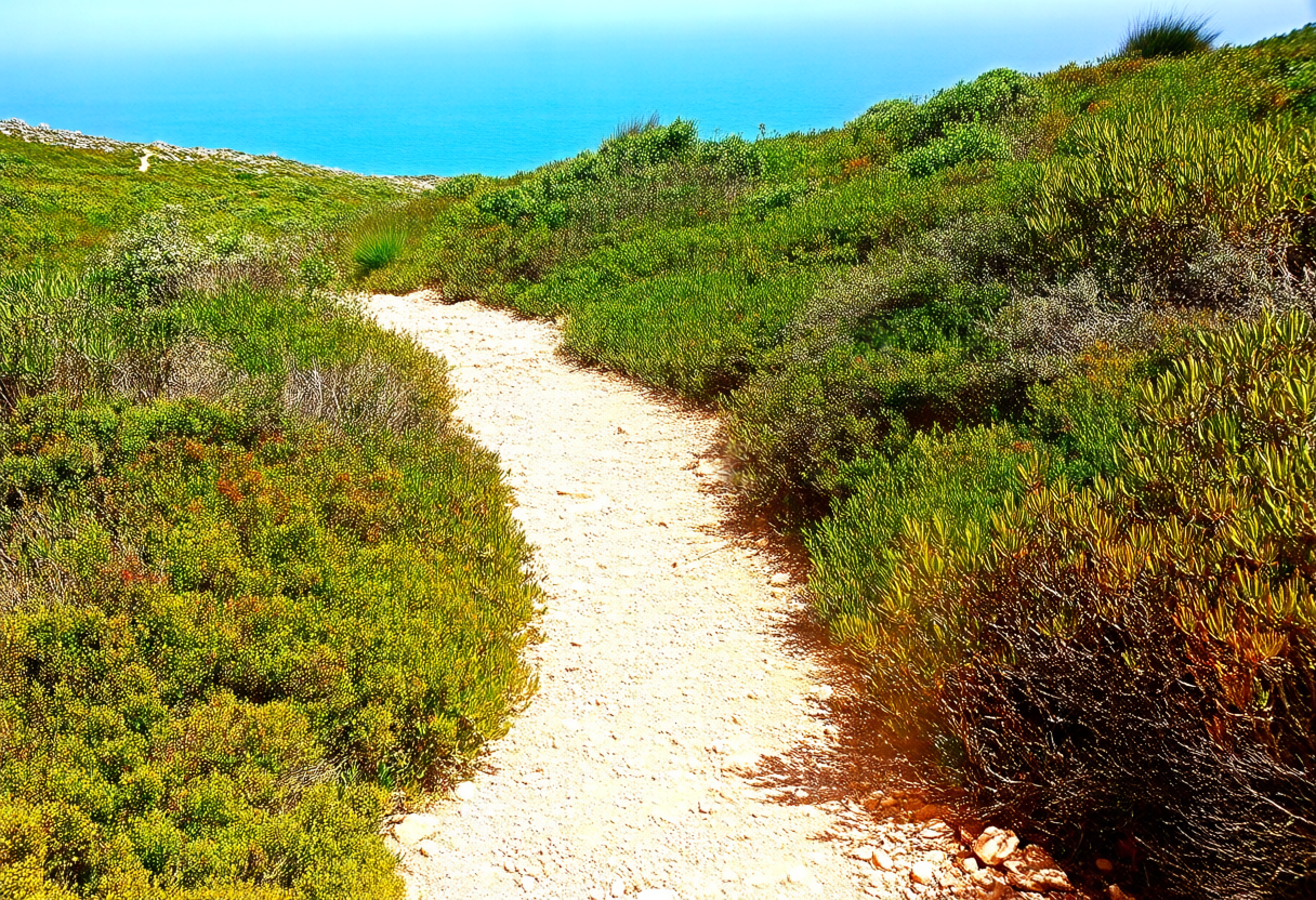 Caminho de terra na serra da Arrábida com vista para o mar