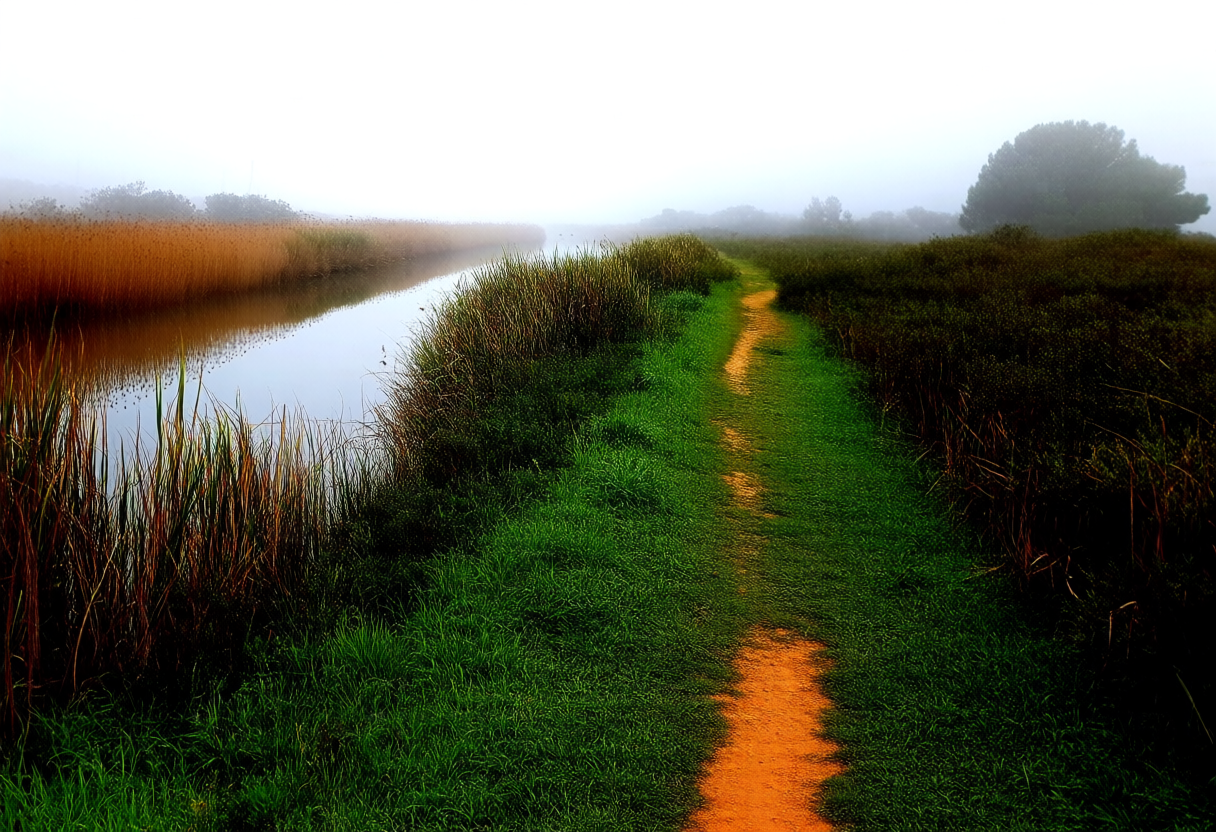 Caminho rural perto do estuário do Sado em manhã de nevoeiro
